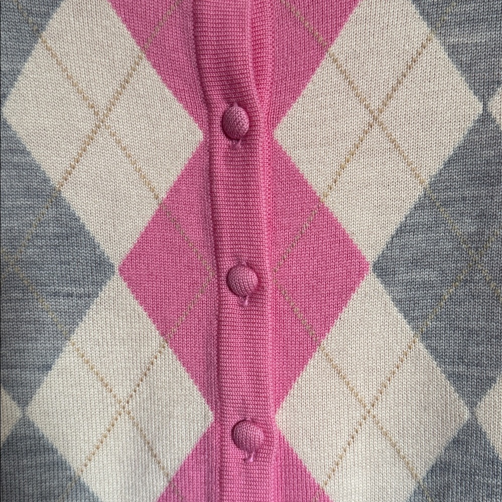 LILLY PULITIZER Argyle Pink Gray Ivory Button Sweater Merino Wool Medium - Picture 8 of 10